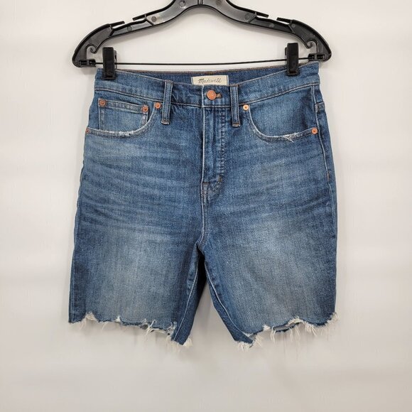 Madewell Womens Blue High Rise Denim Mid Length Shorts Raw Hem Size 26 - Picture 4 of 14